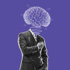 Contemporary art collage. Silhouette of businessman in stylish suit with digital brain scheme isolated over purple background