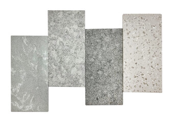 premium set of artificial stone samples including grey marble, grey grainy and beige pebble surface isolated on background with clipping path. palette of quartz samples for counter top furnishing.