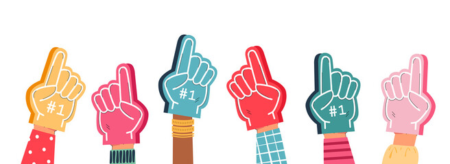 Hands of sports fans wearing foam fingers with number one. Supporters cheering for team flat vector illustration. Competition, support, sports concept for banner, website design or landing web page