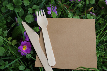 Fourchette et couteau en bois dans l'herbe, mangez sain, mangez local