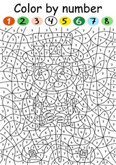 Cartoon leprechaun color by number game vector illustration. Funny coloring page with numbers for St. Patrick's day kids party. Hand-drawn leprechaun color by number - vertical printable worksheet