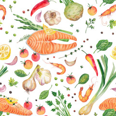 Watercolor illustration of the Mediterranean diet. Seamless pattern on a white background. Set of vegetables: tomatoes, salmon, shrimp, garlic, asparagus, hot pepper, ginger. Fresh organic food.