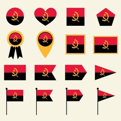 Angola flag set in 16 shape versions. Collection of Angola flag icons with square, circle, heart, triangle, medal, stamp and location shapes.