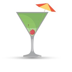 Cocktail glass with umbrella and cherry on white background