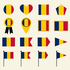 Chad flag set in 16 shape versions. Collection of Chad flag icons with square, circle, heart, triangle, medal, stamp and location shapes.