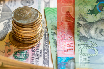 Costa Rican colonies, banknotes and coins as well as American dollars, Concept, Dual currency payment system