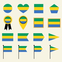 Gabon flag set in 16 shape versions. Collection of Gabon flag icons with square, circle, heart, triangle, medal, stamp and location shapes.