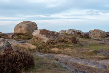 Rocks and hilly scenery of Higger Tor. Natural rock formation in the Peak District, close to...