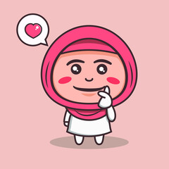 Cute Kid Girl Hijab Cartoon Character with fingers in heart shape. Saranghae (I love you). Korean sign. premium vector on cream background.