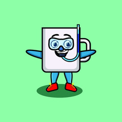 Cute cartoon mug diver with swimming glass in 3d modern style design