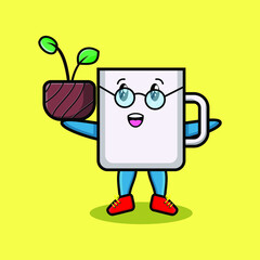 Cute cartoon mug holding plant in a pot 3d modern style design