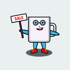 Cute cartoon mug character holding sale sign designs in concept 3d cartoon style