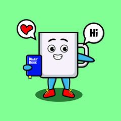 Cute cartoon mug character holding diary book with happy expression in concept 3d cartoon style