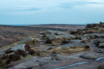 Rocks and hilly scenery of Higger Tor. Natural rock formation in the Peak District, close to Sheffield, UK