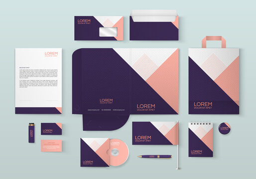 Purple stationery template design with geometric pattern. Set of business corporate identity mock up. Documentation for business.