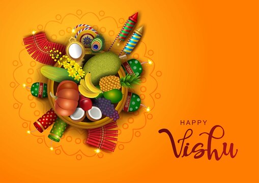 realistic restaurant cutlery2happy vishu greetings. fruits decoration with crackers. vector illustration design