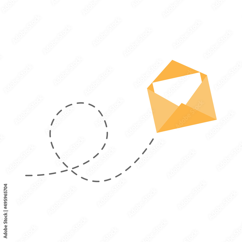 Poster envelope with line dotted route. flying open mail symbol. sending message linear sign. vector isolat