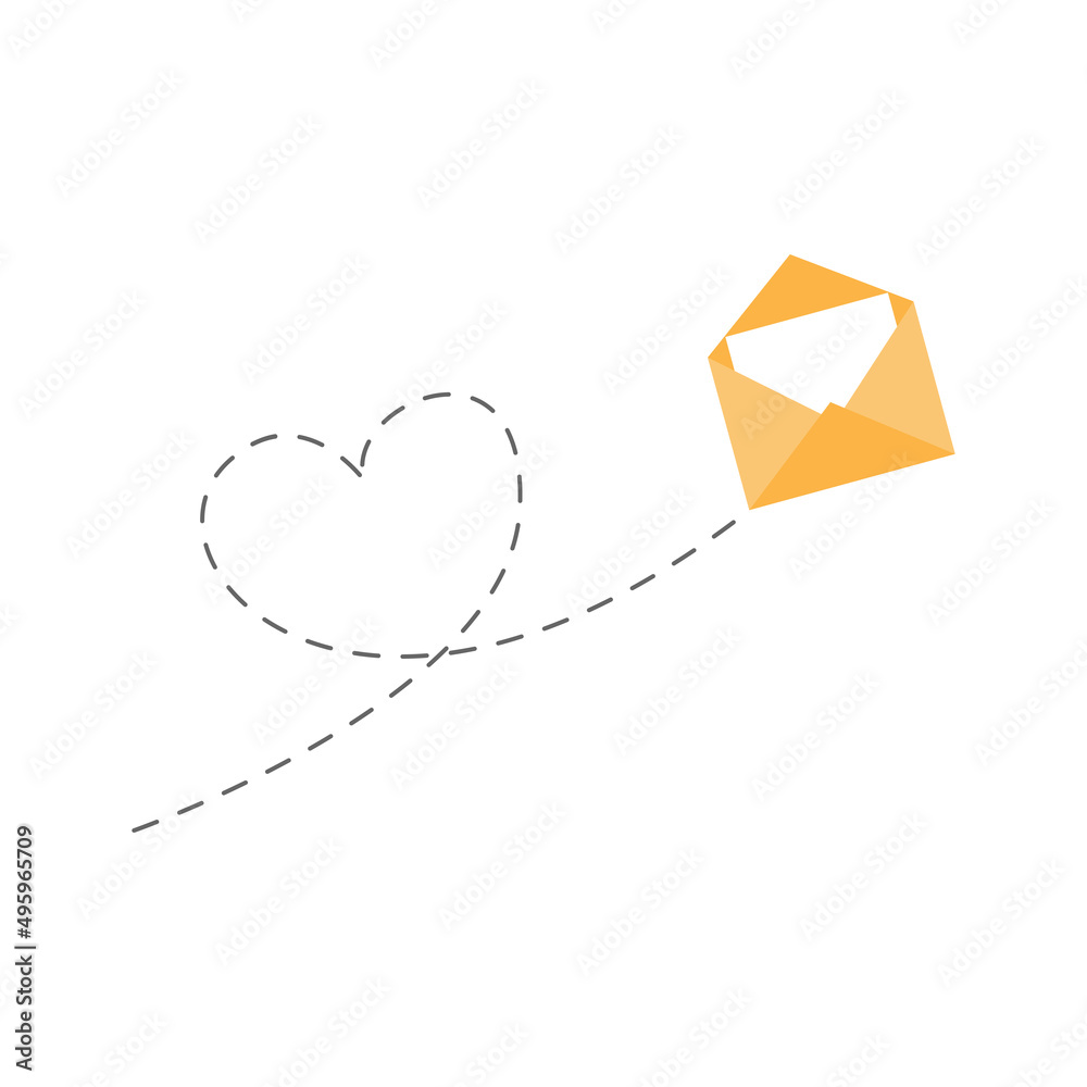 Poster envelope with line dotted route in heart shape. flying open mail symbol. sending message linear sign