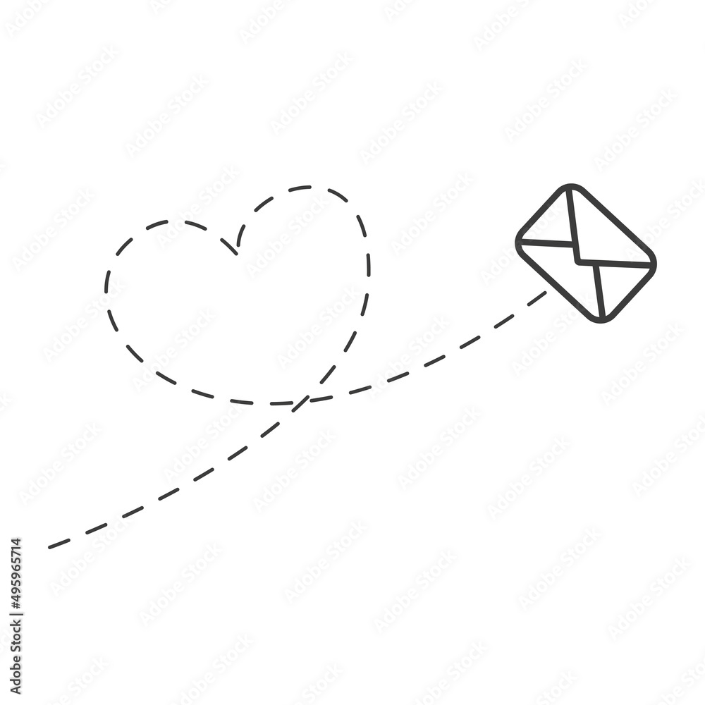 Poster envelope with line dotted route in heart shape. flying mail symbol. sending message linear sign. vec