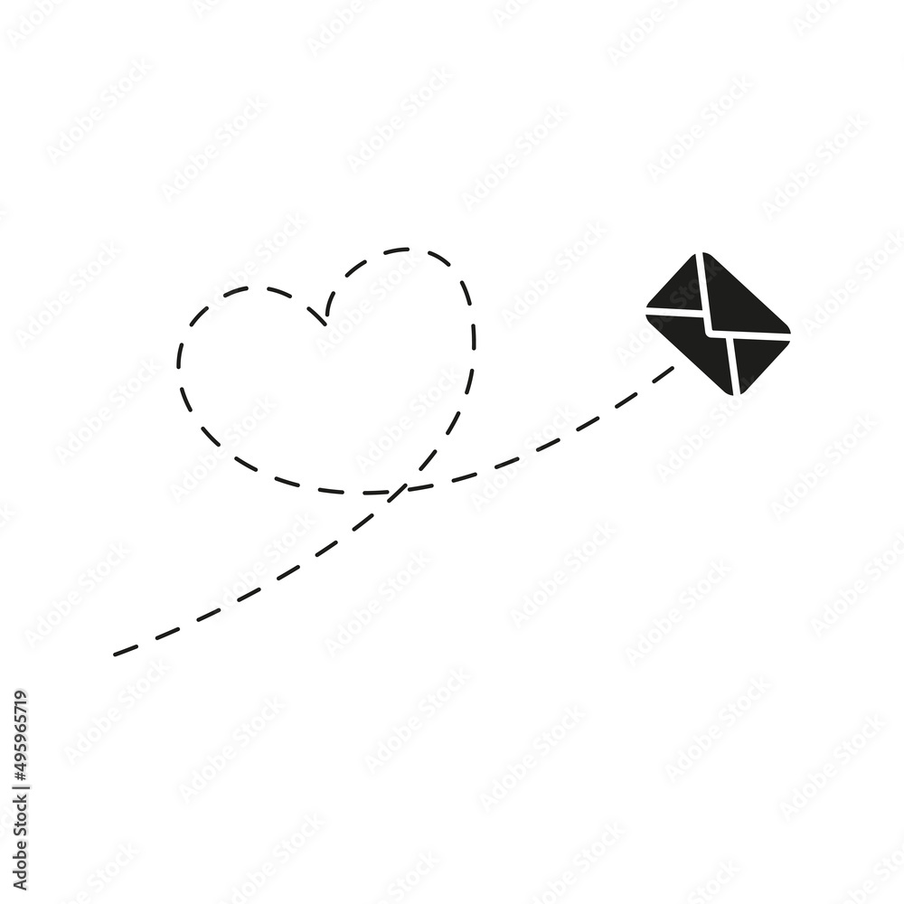 Poster envelope with line dotted route in heart shape. flying mail symbol. sending message linear sign. vec