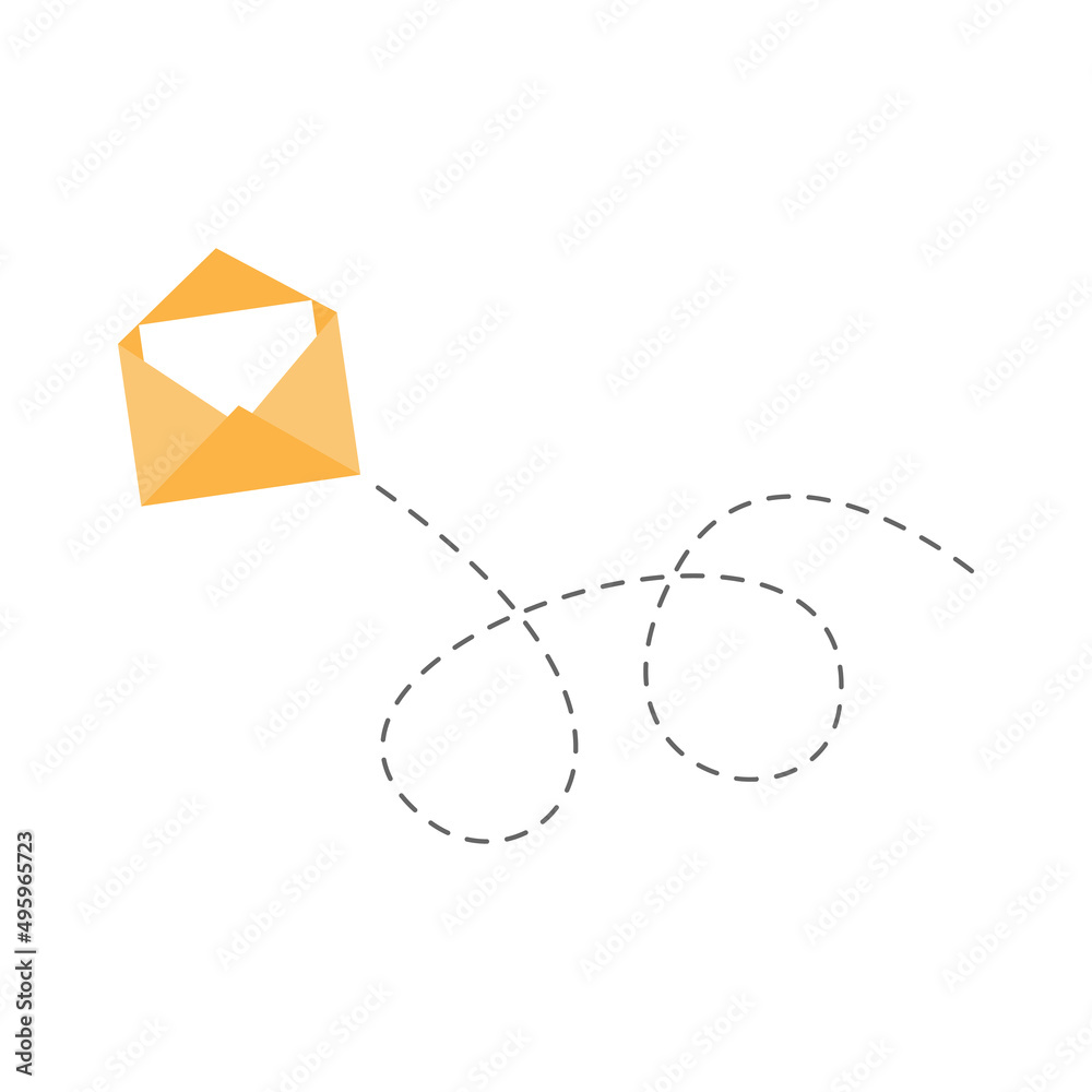 Poster envelope with line dotted route. flying open mail symbol. sending message linear sign. vector isolat