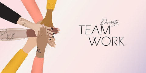 Group of diversity women and girls. Silhouette hands and arms in circle of multicultural woman. female social network community, racial equality, empowerment, connection at work. vector background - obrazy, fototapety, plakaty