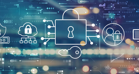 Data Security concept with blurred city abstract lights background