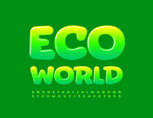 Vector creative logo Eco World.  Bright Green Font. Glossy Alphabet Letters and Numbers