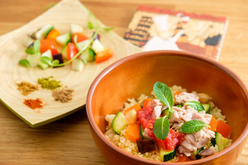 couscous with tuna, peppers, aubergine and courgettes, traditional dish of Moroccan cuisine