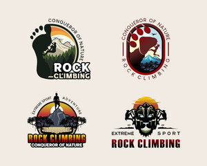 A collection of rock climbing stickers or logos with creative concepts