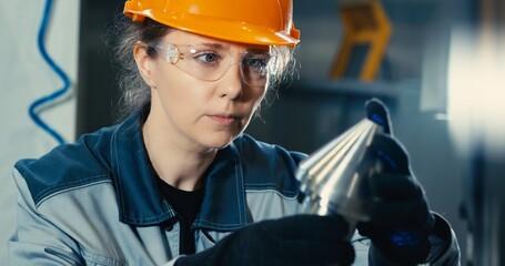A close-up of a female industrial engineer, wearing goggles and a hard hat, examines a component on...