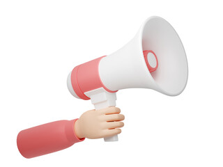 loudspeaker - human hand holding pink and white megaphone for text for announcement or advertising message.