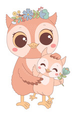 Mothers Day owl mother and daughter, vector