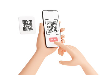 Qr code scan concept - human hand holding mobile phone with barcode scanning process 3d render illustration.