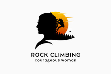 Rock climbing logo design, silhouettes of people climbing cliffs and silhouettes of women's heads blending with nature in the moon or sun