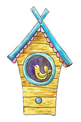 Birdhouse with a bird, watercolor illustration. Spring.