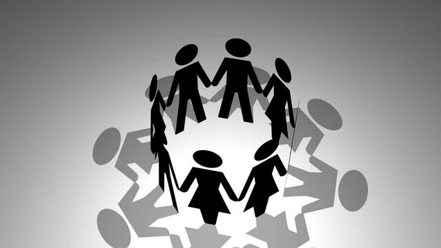 Animation of people holding hands in a circle. Video of people together and relating. Concept of union, work, unity, communion, helping others, thinking alike, walking together and teamwork