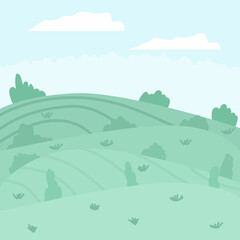 Obraz premium Vector illustration of beautiful summer fields landscape. Cute green hills, bright color blue sky, clouds. Nature background in flat cartoon style.
