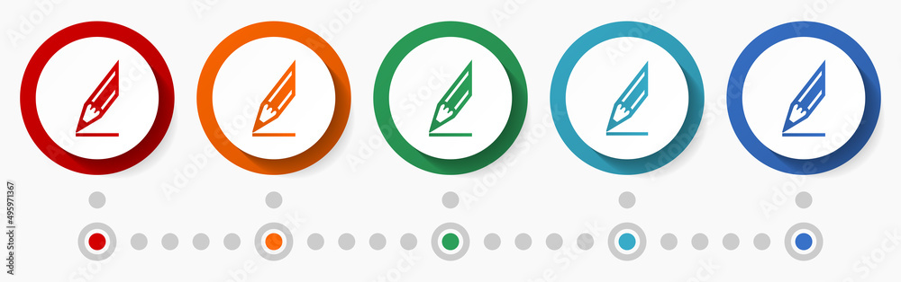 Aufkleber pencil, draw concept vector icon set, flat design colorful buttons, infographic template in 5 color 