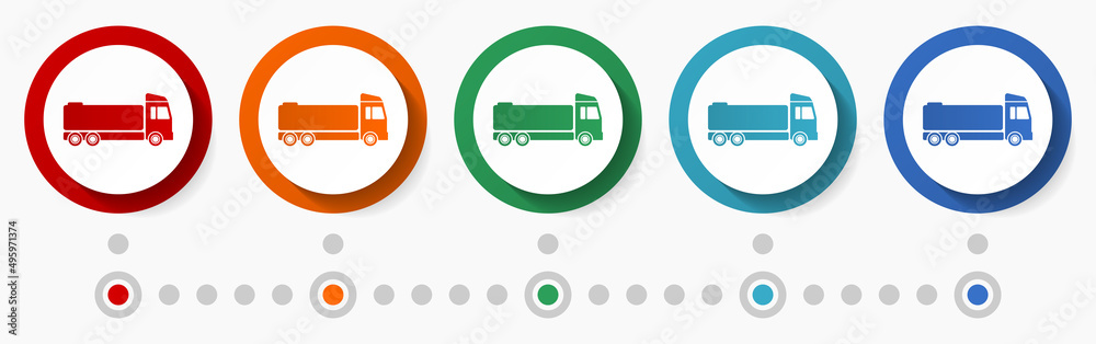 Aufkleber truck, cistern concept vector icon set, flat design colorful buttons, infographic template in 5 colo