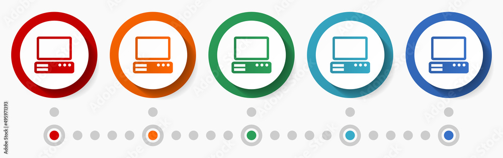 Poster Computer concept vector icon set, flat design colorful buttons, infographic template in 5 color options