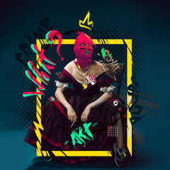 Contemporary art collage. Medieval royal woman, princess in renaissance dress and balaclava isolated over dark background.