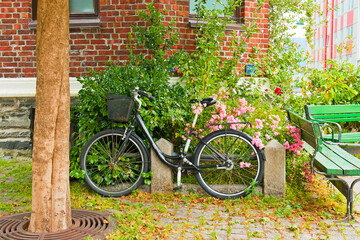 Fototapeta na wymiar Scandinavian biking lifestyle with black bike, pink roses and red brick wall of house