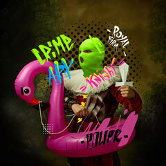 Contemporary art collage. Medieval knight in neon colored balaclava standing in pink flamingo swim...