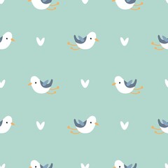 Seamless pattern with cute cartoon seagulls and hearts. Vector illustration.
