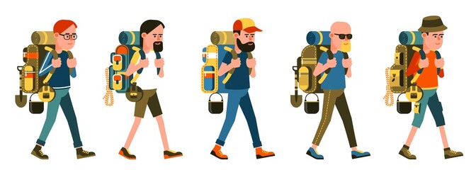 Tourist hiker with backpack - cartoon set. Isolated backpacker with different backpack. Vector isolated image.