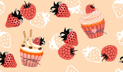 Seamless pattern with cupcakes,strawberries,raspberries in cartoon and doodle elements white color.Food background and texture for printing on fabrics and paper.Vector illustration for design card.