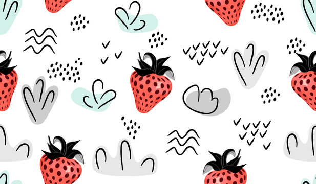 Seamless repeat pattern with ripe  strawberry in cartoon, abstract shapes and doole objects.Trendy background and texture for printing on fabric and paper.Hand drawn vector isolated illustration.
