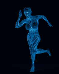 female bodybuilding in muscle maps is running fast in white background