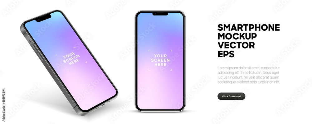 Poster Realistic smartphone mockup. Mobile phone vector with isolated on white background. Device front view. 3D mobile phone with shadow. Realistic, high quality smart phone mockup for ui ux presentation.
